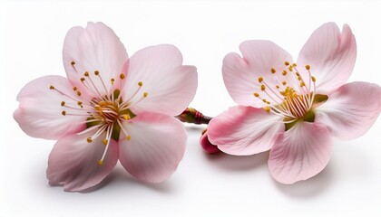 A single blooming cherry blossom flower on an isolated white background.