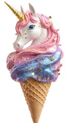 Unicorn half body on a glittery galaxy ice cream cone 3D cartoon style