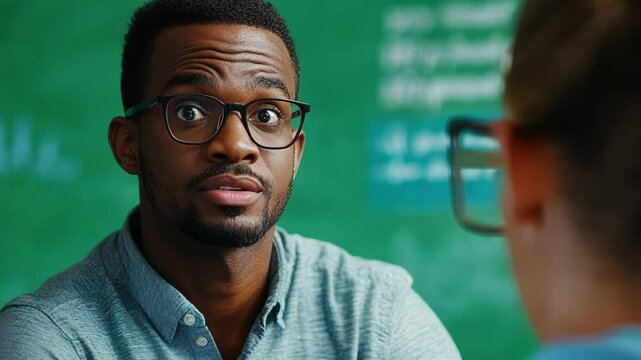 Surprised male teacher with black hair and glasses engages in conversation with a female student against a green screen background, showcasing a range of emotions and expressions