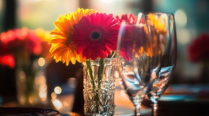 Close-up of colorful flowers in a vase on a table set with wine glasses.