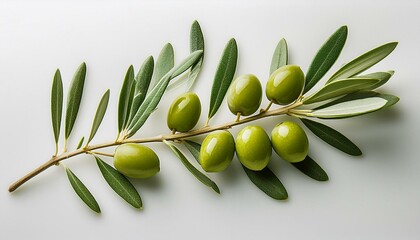 Fototapeta premium A single olive branch with small green olives isolated on a clean background.