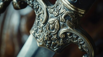 Close-up of an ornate, golden sword hilt with intricate carvings.