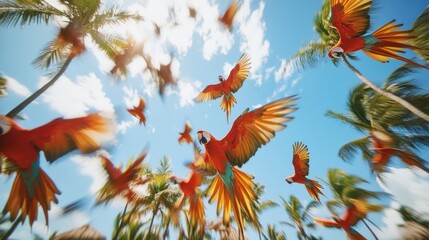 A flock of scarlet macaws fly through the air, soaring above a tropical beach with palm trees.