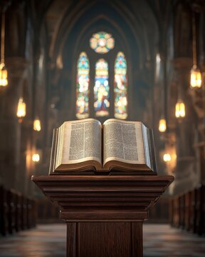 A close-up of a historical Bible on a wooden podium in a dimly lit Protestant church