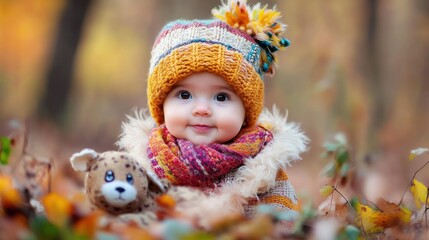 Adorable baby girl with a teddy bear, wearing a knitted hat and scarf, surrounded by autumn leaves.