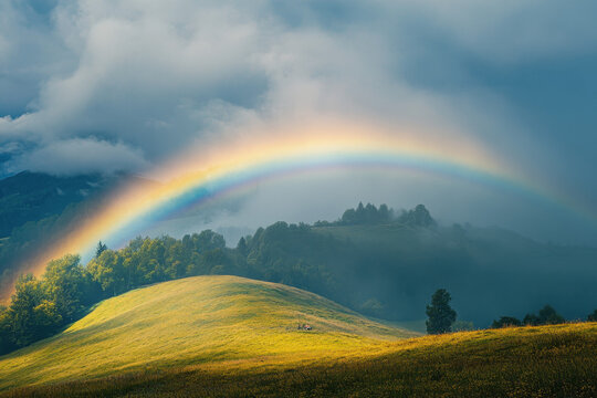 Vibrant rainbow over lush, sunlit hills and misty forest, creating a serene and magical landscape after a rainstorm.
