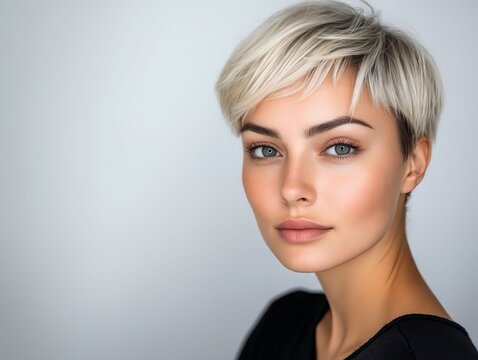 A woman with short blonde hair and blue eyes