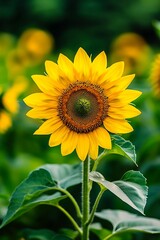 Fototapeta premium A single yellow sunflower is the main focus of the image