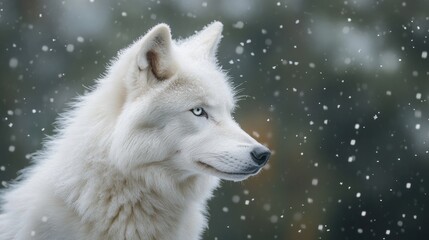 Obraz premium A majestic white wolf with piercing blue eyes looks to the side, with snow falling around it.