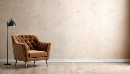 brown velvet soft armchair and grunge beige empty wall on background