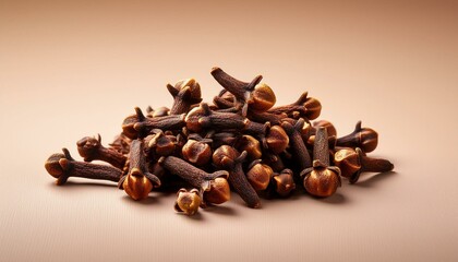 Obraz premium A small pile of cloves neatly arranged on an isolated beige background.