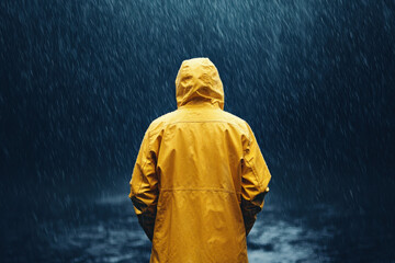 Person in yellow raincoat stands alone in the rain, surrounded by a dark, moody atmosphere with heavy rainfall.
