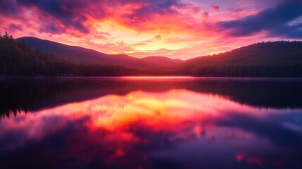 Fototapeta premium A stunning sunrise over a lake, reflecting a vibrant sky and mountain landscape.