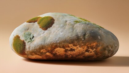 Obraz premium A smooth river rock with natural lichen spots isolated against a light tan background.