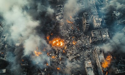 Fire rages through burning building rubble.