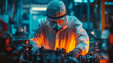 A skilled technician works diligently in a vibrant industrial setting. The colorful lighting highlights the intensity of the task at hand. Safety and precision are paramount. Generative AI