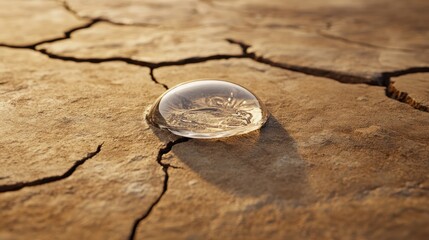 A tiny droplet of water rests on a cracked surface