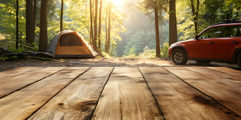 Outdoor products business background, outdoor products can be placed on the table, with camping sites and vehicles in the background. Outdoor products, travel, hiking, business poster, background