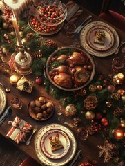 A top-down view of a beautifully set Christmas Eve table, featuring food