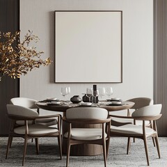 minimalist mockup of an empty, blank poster frame on the wall in a dining room interior with a modern table and chairs