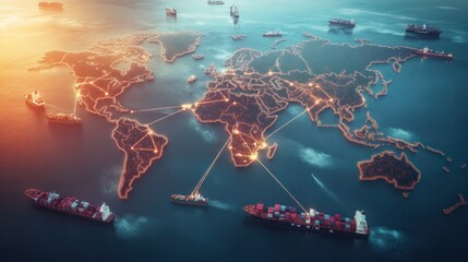 A visual representation of a global shipping route, featuring a world map with various shipping vessels marked along their paths,