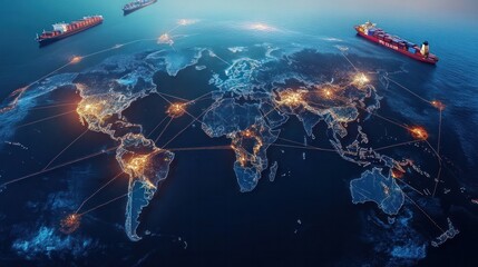 A visual representation of a global shipping route, featuring a world map with various shipping vessels marked along their paths,