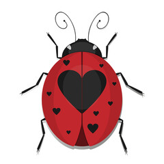 Stylized ladybug with a red body and black heart shaped spots. The ladybird design is unique and visually appealing due to the love motifs