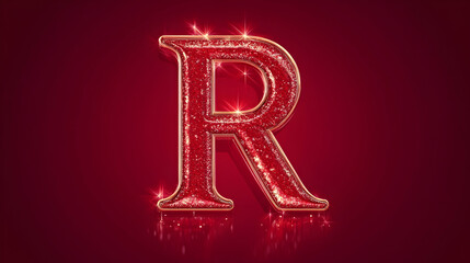 Sparkling red letter R with golden outline on a red background.