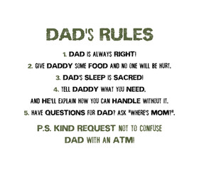 DAD's rules funny text art illustration for printing as a gift on father's day. Trendy and creative design, hipster banner composition. Humorous family relationship, love dad typography