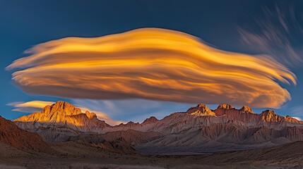 A stunning sunset over mountains with a dramatic, flowing cloud formation.