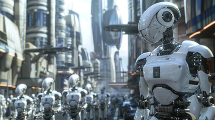 A city with robotic assistants and helpers integrated into every aspect of urban living