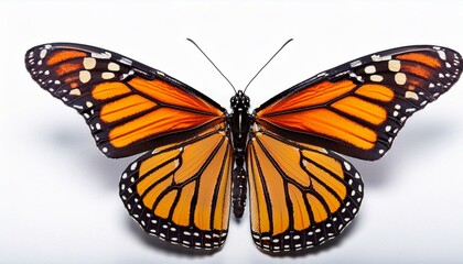 Fototapeta premium A vibrant orange monarch butterfly with open wings isolated on a white background.