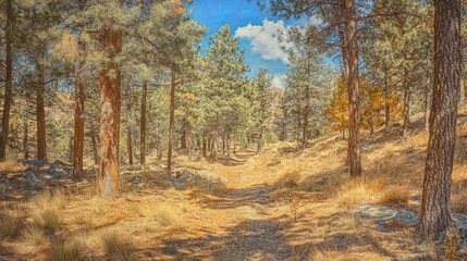 Fototapeta premium A serene forest path surrounded by tall trees and golden grass under a blue sky.