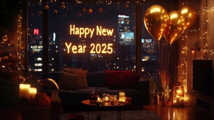 Festive New Year's Eve Celebration in Cozy City View Living Room with Golden Balloons and Candlelit Ambiance