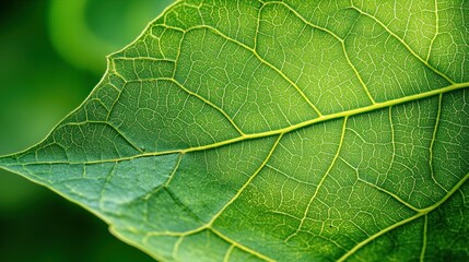 Obraz premium Close-up of a vibrant green leaf showcasing its intricate vein structure.