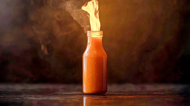 A glossy glass bottle of hot sauce surrounded by flames on a monochromatic background highlights its irresistible flavor and boldness