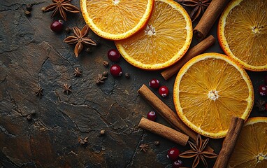A cozy winter composition of sliced oranges, spices, and cranberries, perfect for holiday decorations, seasonal recipes, or festive events like Christmas and Thanksgiving.