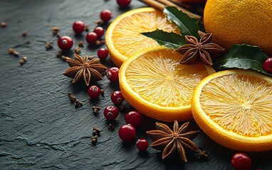 Warm, festive arrangement of oranges and spices ideal for winter season holiday designs, such as Christmas and New Year's parties. Perfect for cozy gatherings.