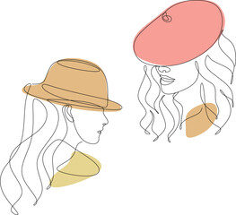 Set of fashionable girls in hat, linear drawing in boho style. Female face.