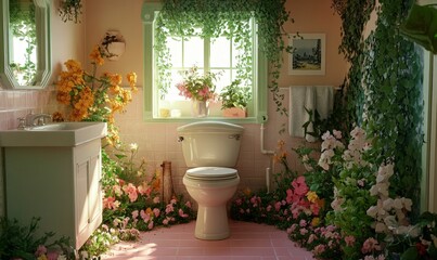 Pink bathroom with a toilet and plants.
