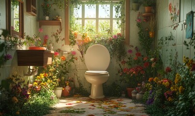 Bathroom overgrown with plants and flowers.