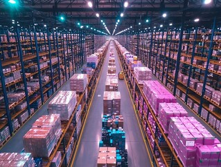 A vast warehouse filled with colorful stacked boxes on shelves, organized for efficient storage and distribution.