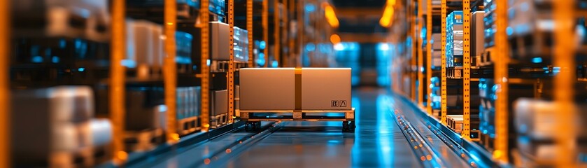 A busy warehouse scene showcasing stacked packages on shelves with a focus on a cart transporting goods along a brightly lit aisle.