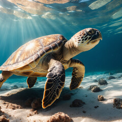 Obraz premium A majestic sea turtle swimming gracefully through the ocean, illuminated by a beam of sunlight. The image showcases the beauty and tranquility of marine life.