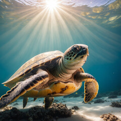 Obraz premium A majestic sea turtle swimming gracefully through the ocean, illuminated by a beam of sunlight. The image showcases the beauty and tranquility of marine life.