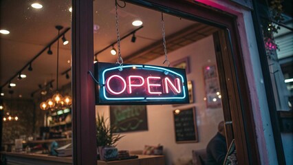 A retro-styled OPEN sign in neon lights, glowing in shades of warm pink and blue