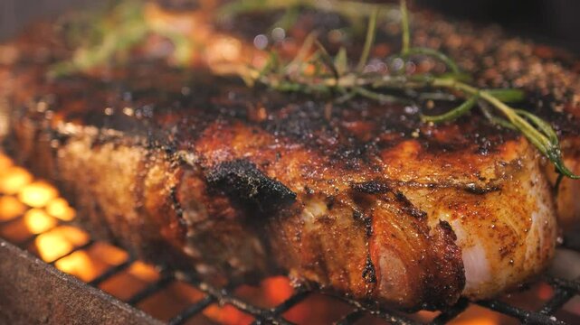 Grilled BBQ beef steaks cooked on charcoal for summer and spring barbecue parties outdoors.  juicy delicious piece of pork meat with rosemary is grilled. Close-up