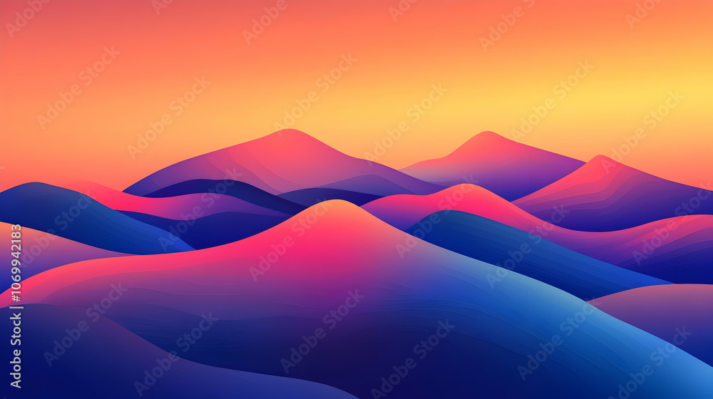 Wall mural Abstract gradient landscape with blue and pink mountains under a colorful sky.