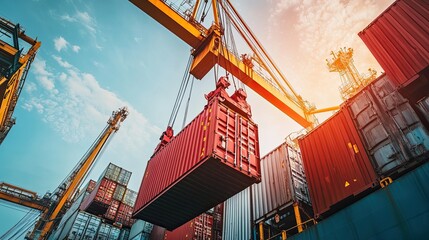 A crane lifts a shipping container at a busy port.