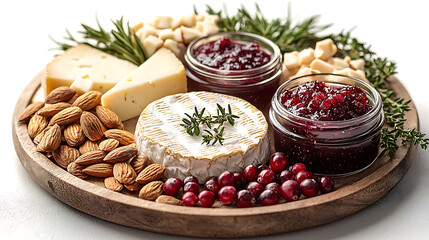 Delightful cheese platter featuring havarti, almonds, cranberries, and jam, garnished with fresh herbs. Perfect for gatherings and celebrations